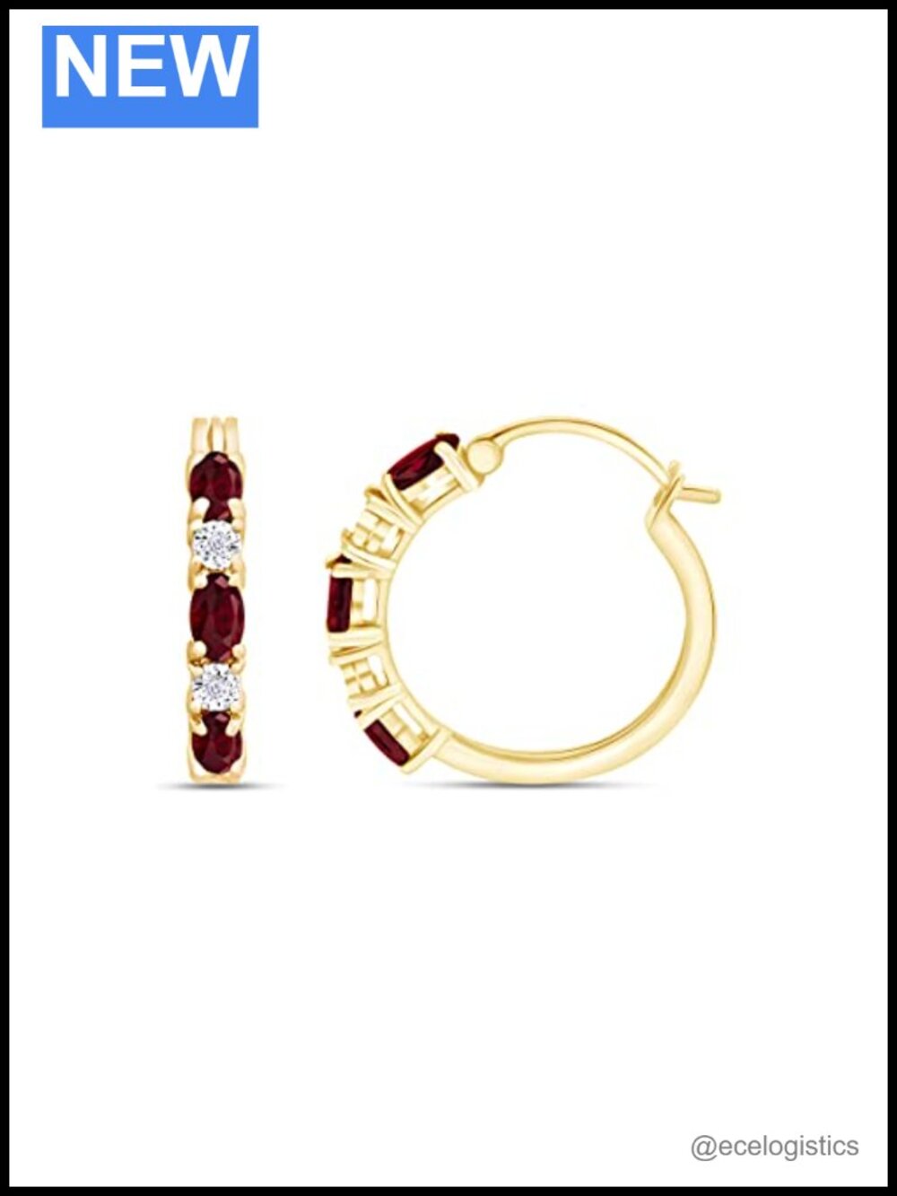 14k Yellow Gold Plated Sterling Silver Hoop Earrings with Ruby & Diamond